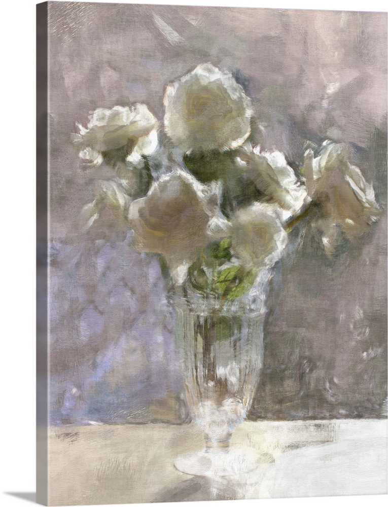 Contemporary painting of a little glass vase holding a small bouquet of white flowers.