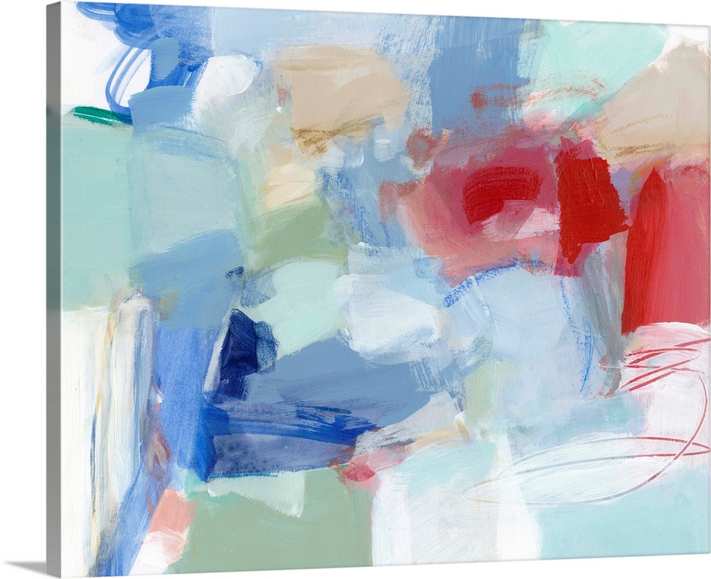 Modern abstract painting in pale blue contrasting with bright red.