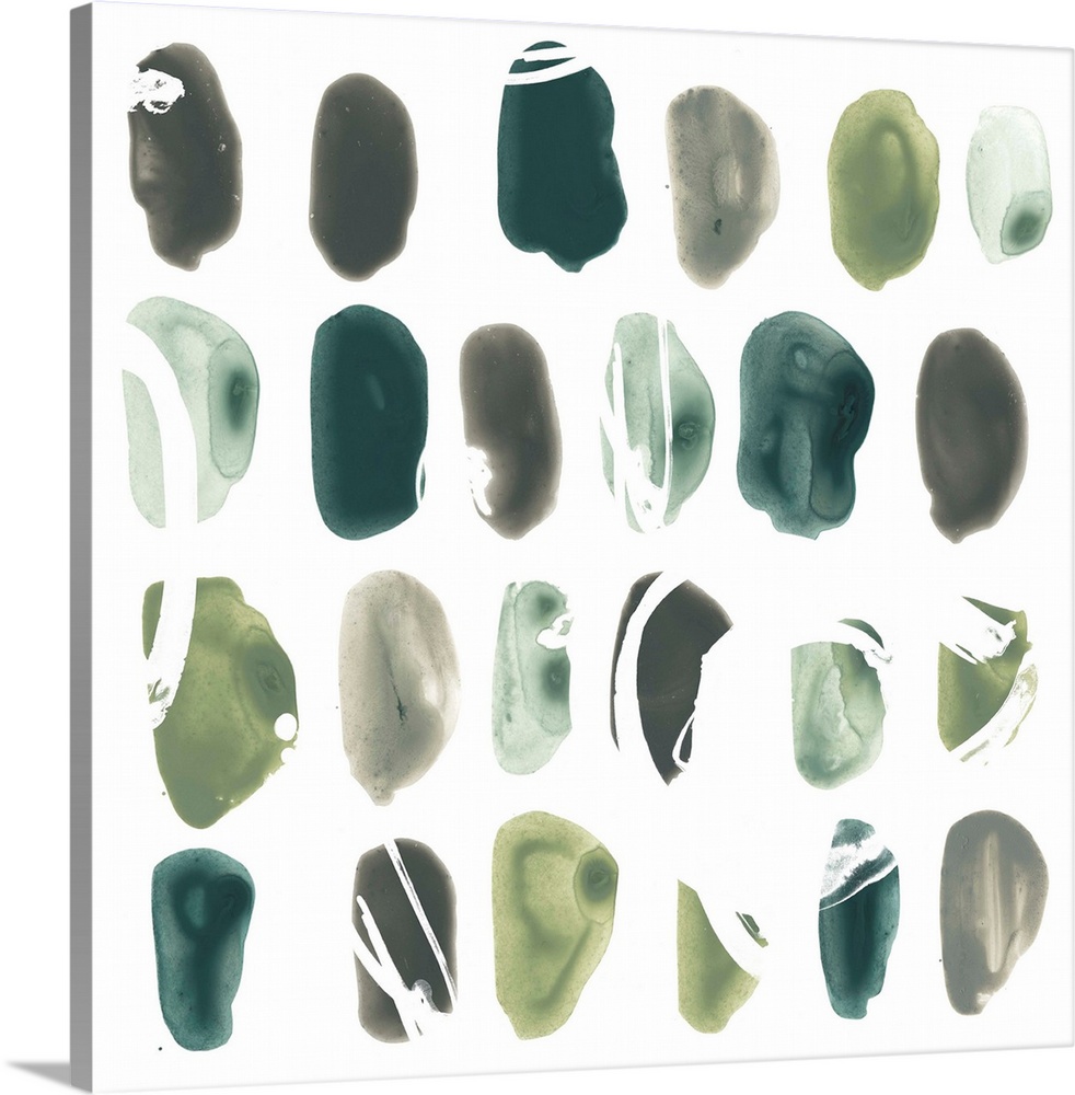 Rows of circular shapes in green tones with a overlay of white scribbles on a white background.