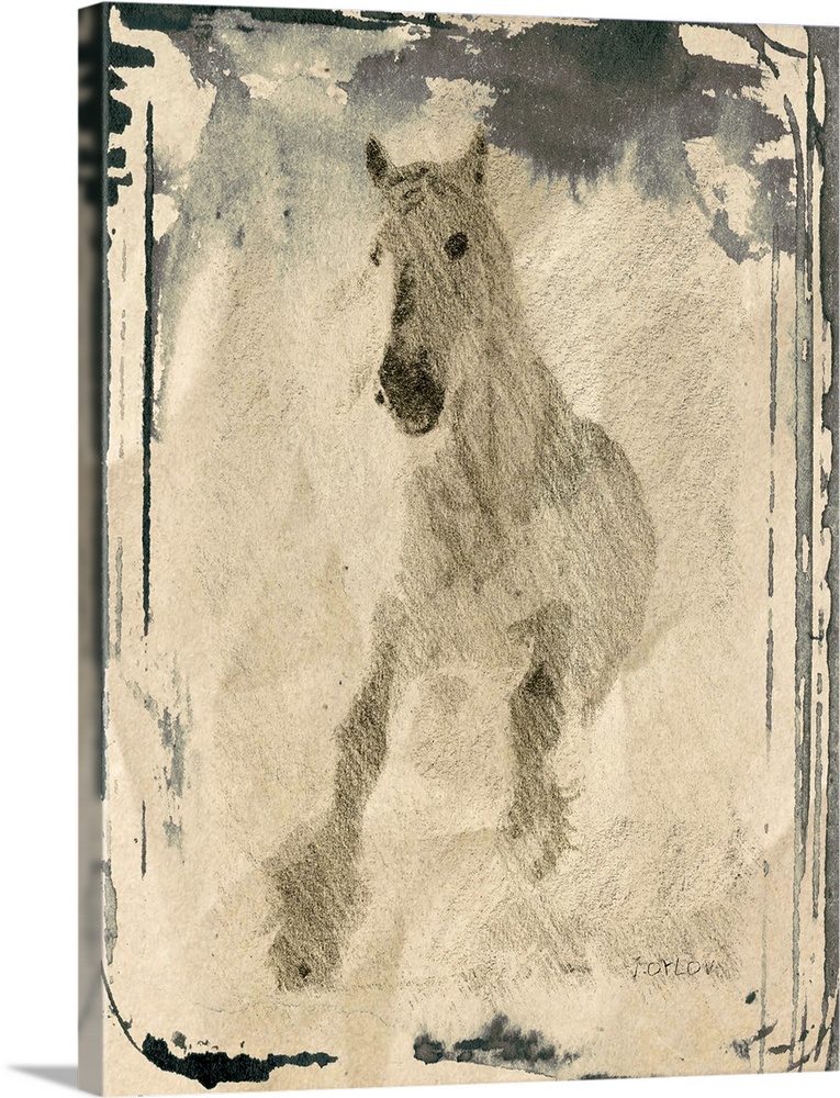 Painting of a running white horse in watercolors.