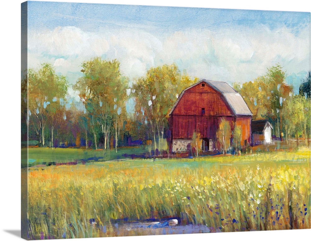 Colorful Barn Landscape Painting Rural Barn Watercolor Wall Art