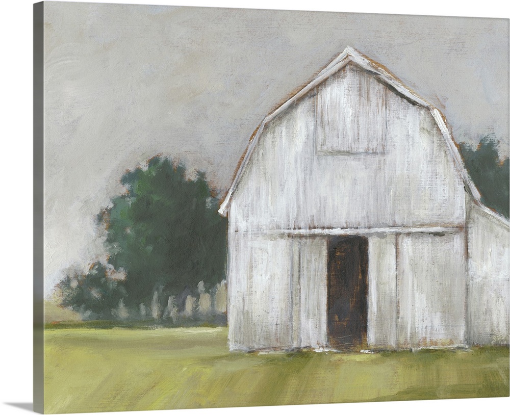 This rustic artwork features spirited brush strokes to create a worn white barn placed over a grassy field.