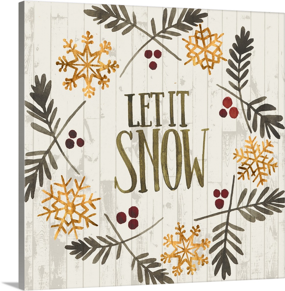 Folk art style Christmas wreath encircling the words "Let It Snow" with holly berries and golden snowflakes.