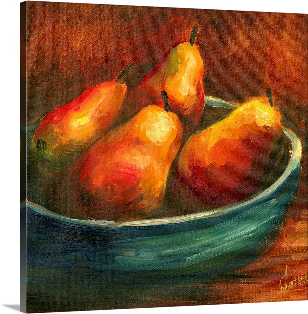 Docor perfect for the kitchen that is a painted bowl full of pear fruit.