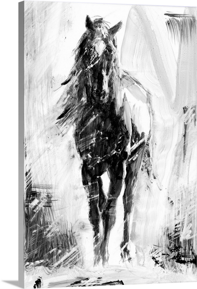 Black and white artwork of a galloping dark horse.