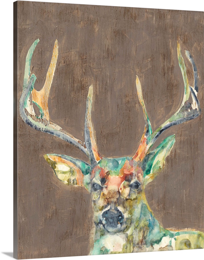 Contemporary portrait of a deer with a large rack of antlers.