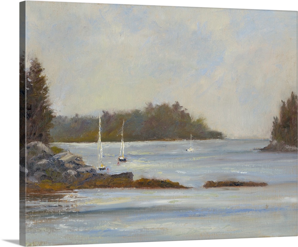 Contemporary artwork featuring lively brush strokes in subdued colors to create sailboats on a quiet waterscape.