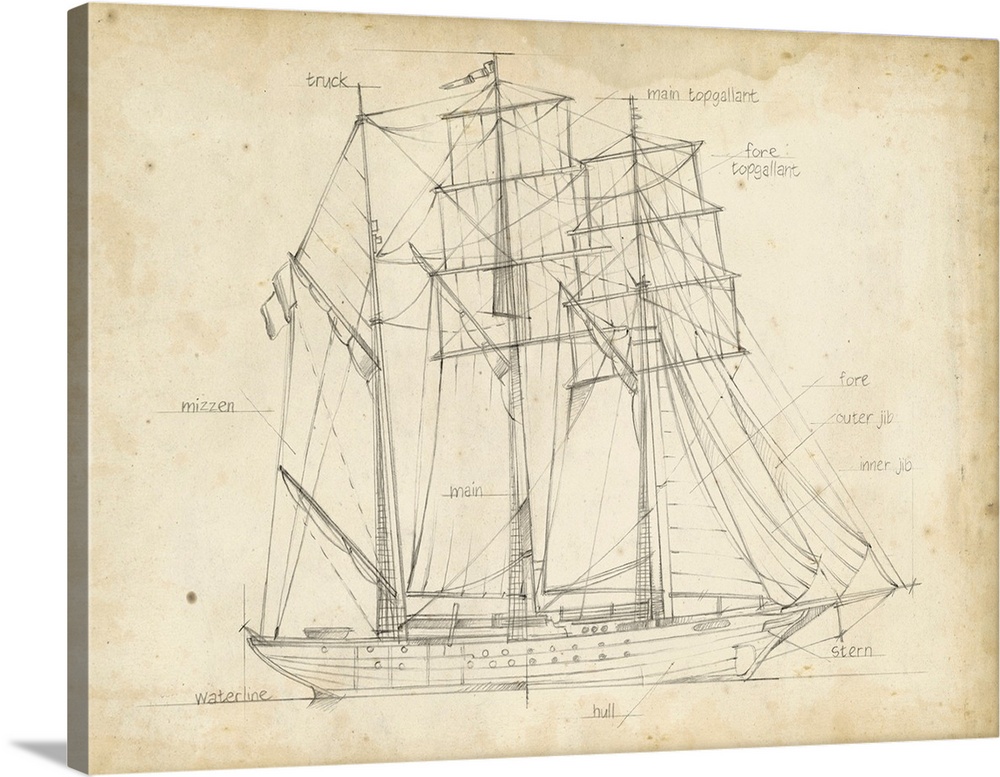 Sketched diagram of a large sailing ship with huge sails.