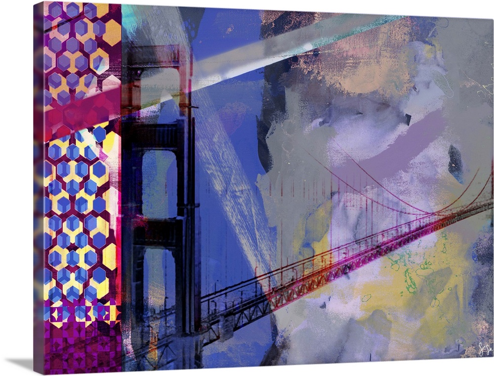 A contemporary collage style artwork of sights of San Francisco mixed with splashes of paint and distressed textures.