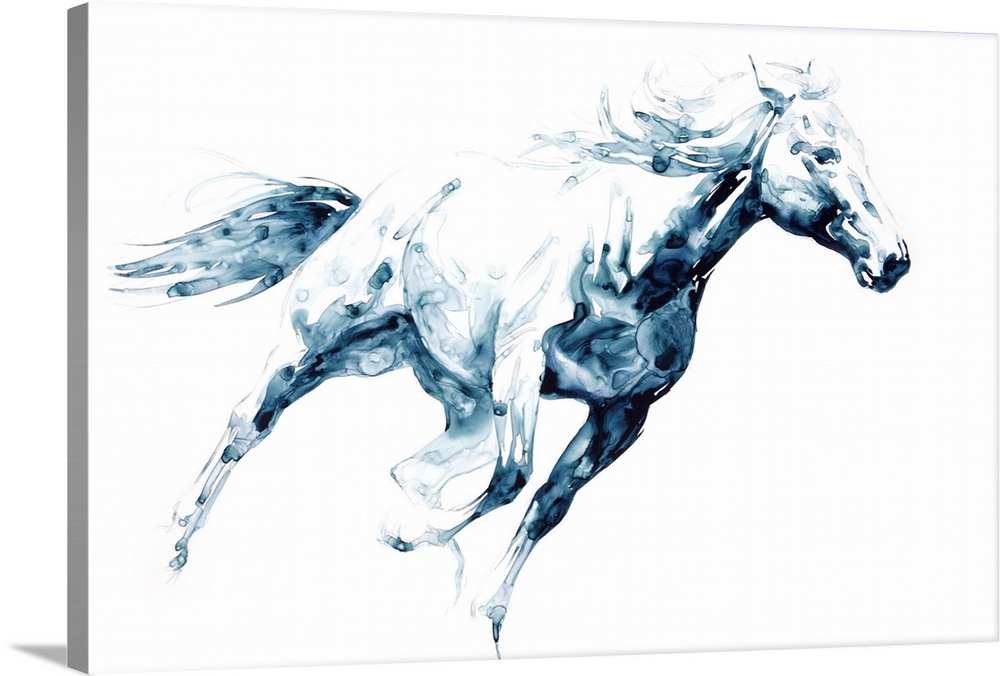 Watercolor painting of a horse in action created with indigo hues on a white background.