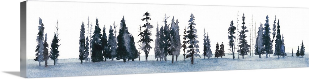 Watercolor painting of pine trees against a white background.