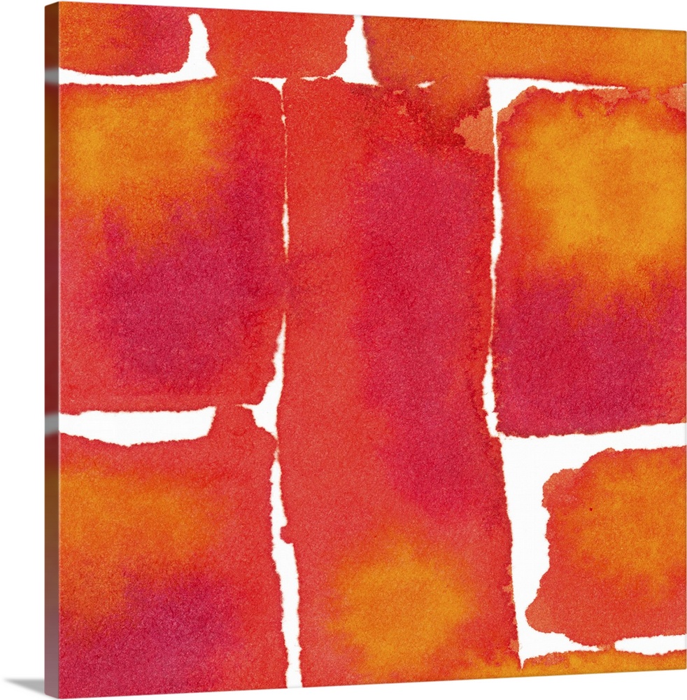 Contemporary abstract painting using rich orange and red tones in geometric forms.