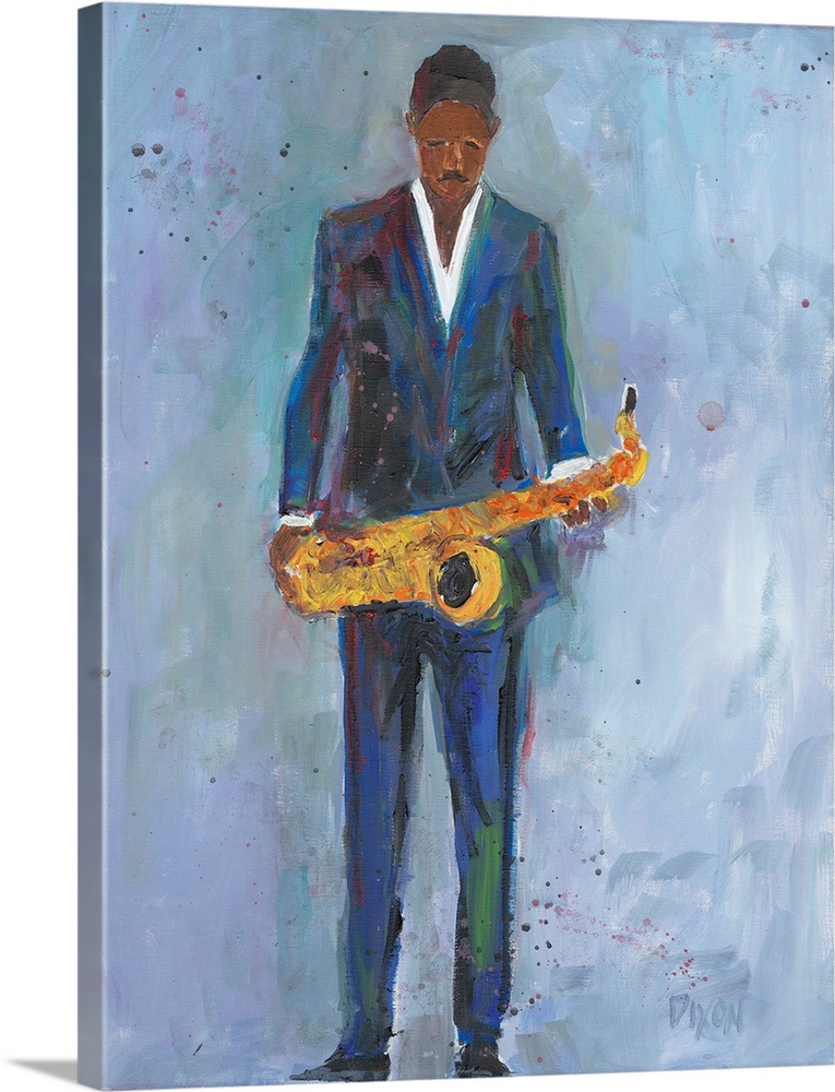 Contemporary artwork of a man in a blue suit holding a saxophone.