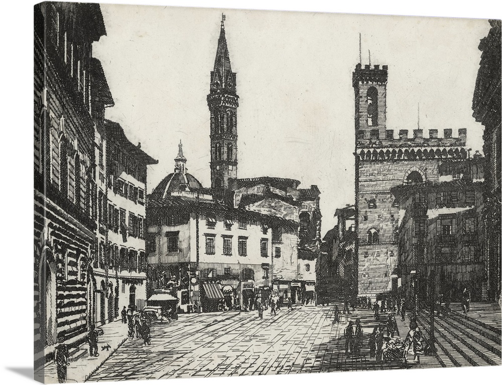 A pen and ink drawing of a city square in Florence, Italy.