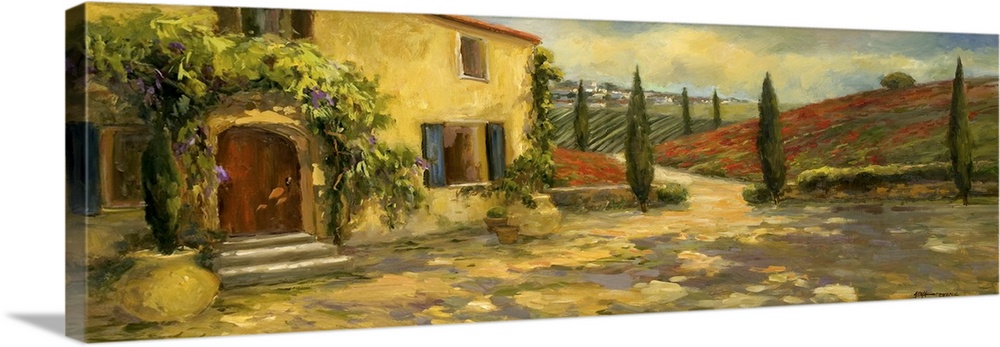 A modern painting in a traditional style of a house and rolling hills in the Italy countryside.