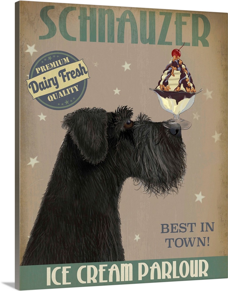 Decorative artwork of a Schnauzer balancing an ice cream sundae on its nose in an advertisement for an ice cream parlour.