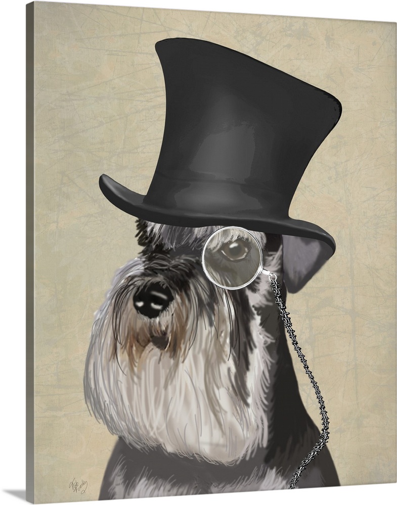 A sharp-dressed schnauzer wearing a monocle and top hat.