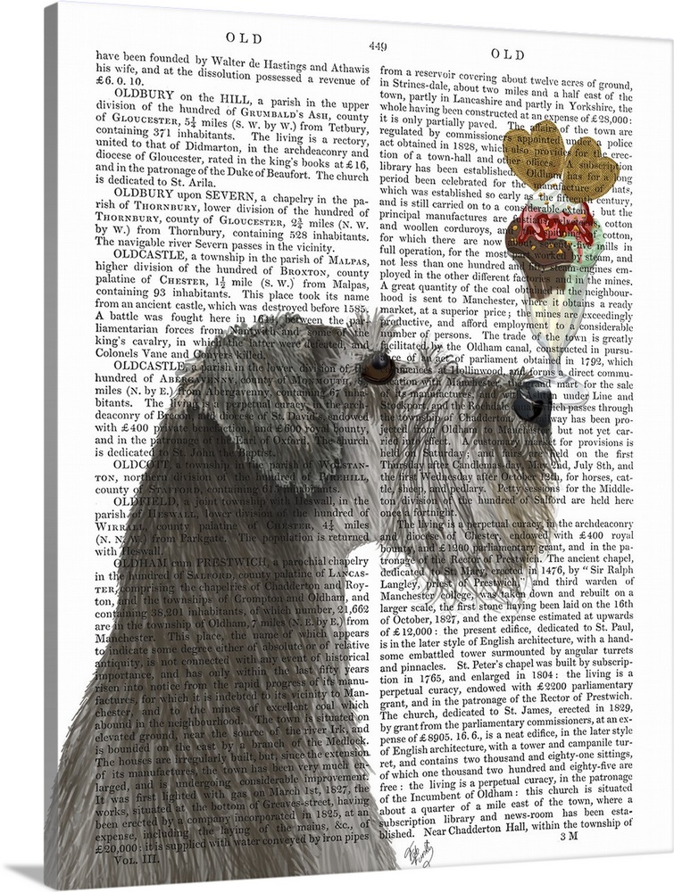 Decorative artwork of a Schnauzer balancing an ice cream sundae on its nose, painted on the page of a book.