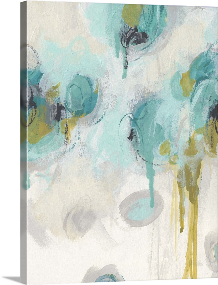 Contemporary abstract painting using pastel teal and blue tones with gray colored organic shapes hovering around.