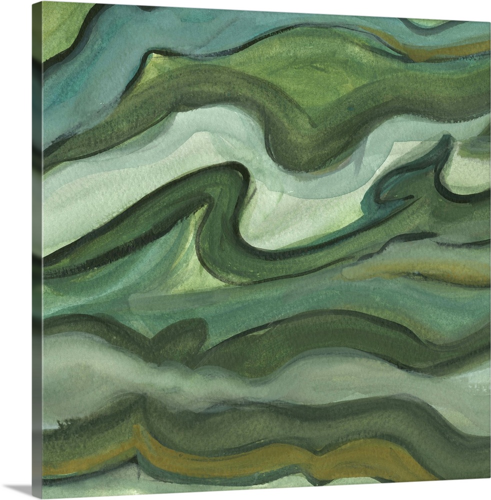 Contemporary abstract painting using tones of green resembling a cross section of stone.