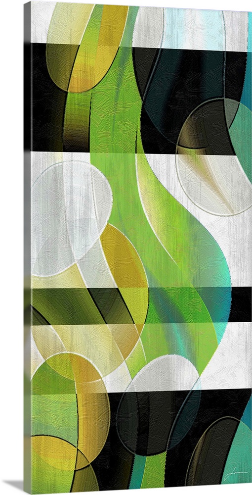 Contemporary abstract painting using neutral tones in geometric shapes with an overlay of colorful organic forms.