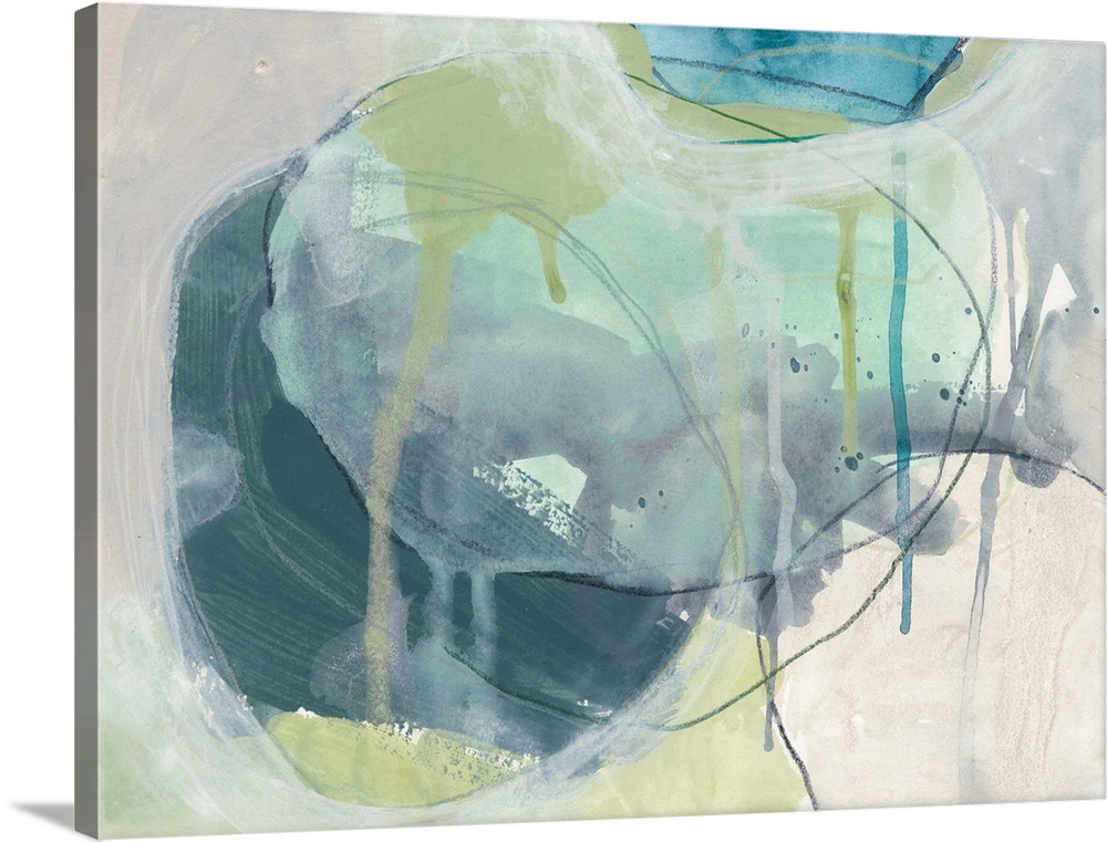 Contemporary abstract painting of ovular, stone-like shapes in blue and green hues reminiscent of the sea.