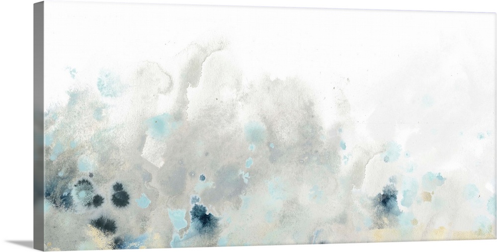Abstract artwork in pale grey and navy blue, resembling splashing water.