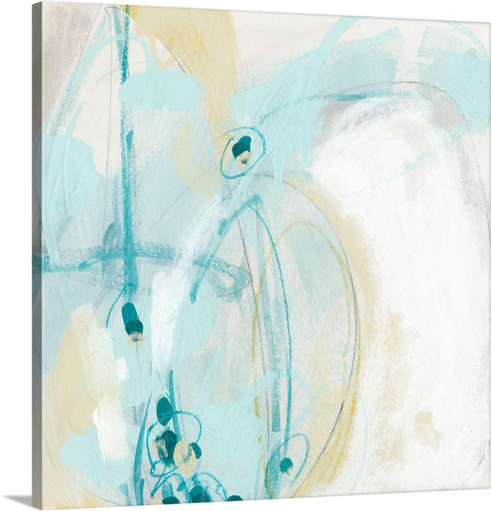 Abstract contemporary artwork in swirling shades of pale blue, beige, and white.