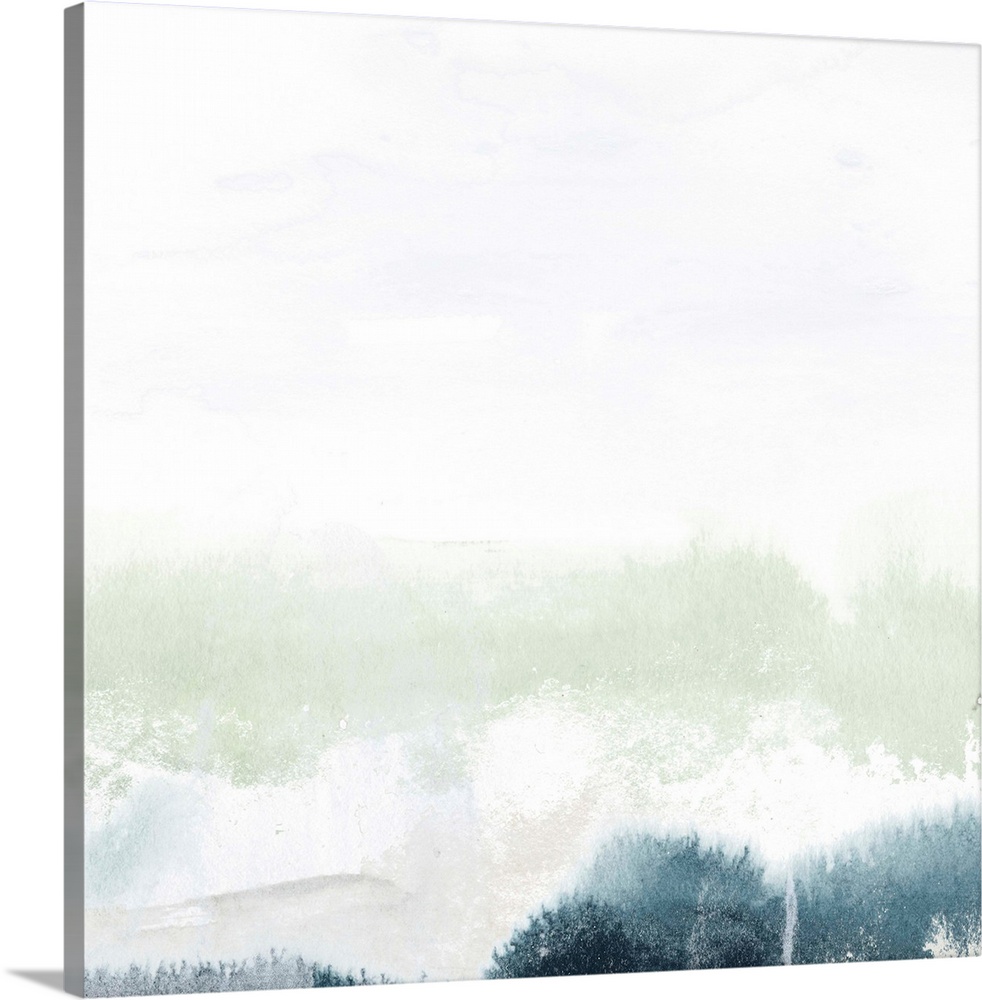 Pastel abstract painting in soft shades of mint green, white, and blue-grey.