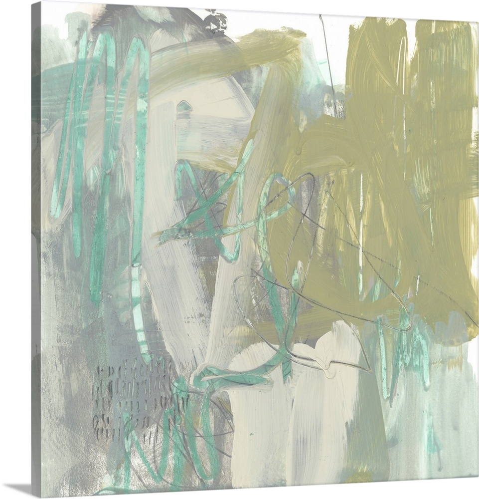 Contemporary abstract painting in pale pink, olive green, and blue.