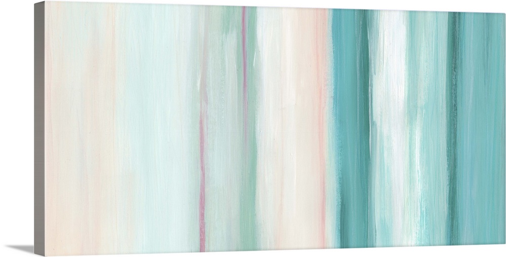 Abstract artwork in pink, white, and teal, in vertical stripes.