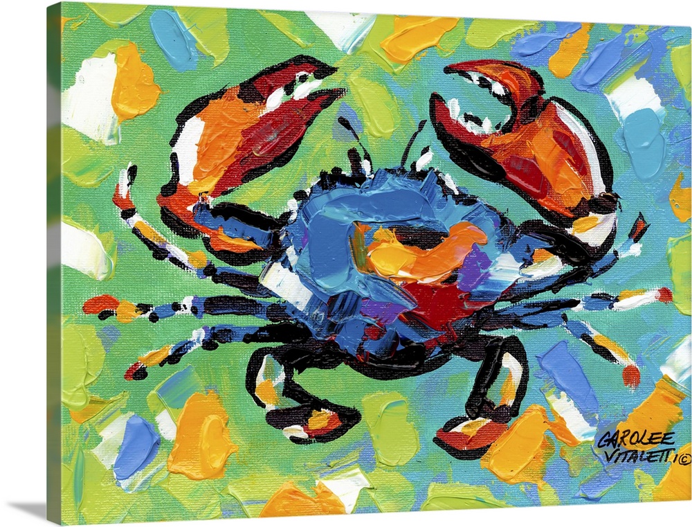 Colorful painting of a crab against a multi-colored background.