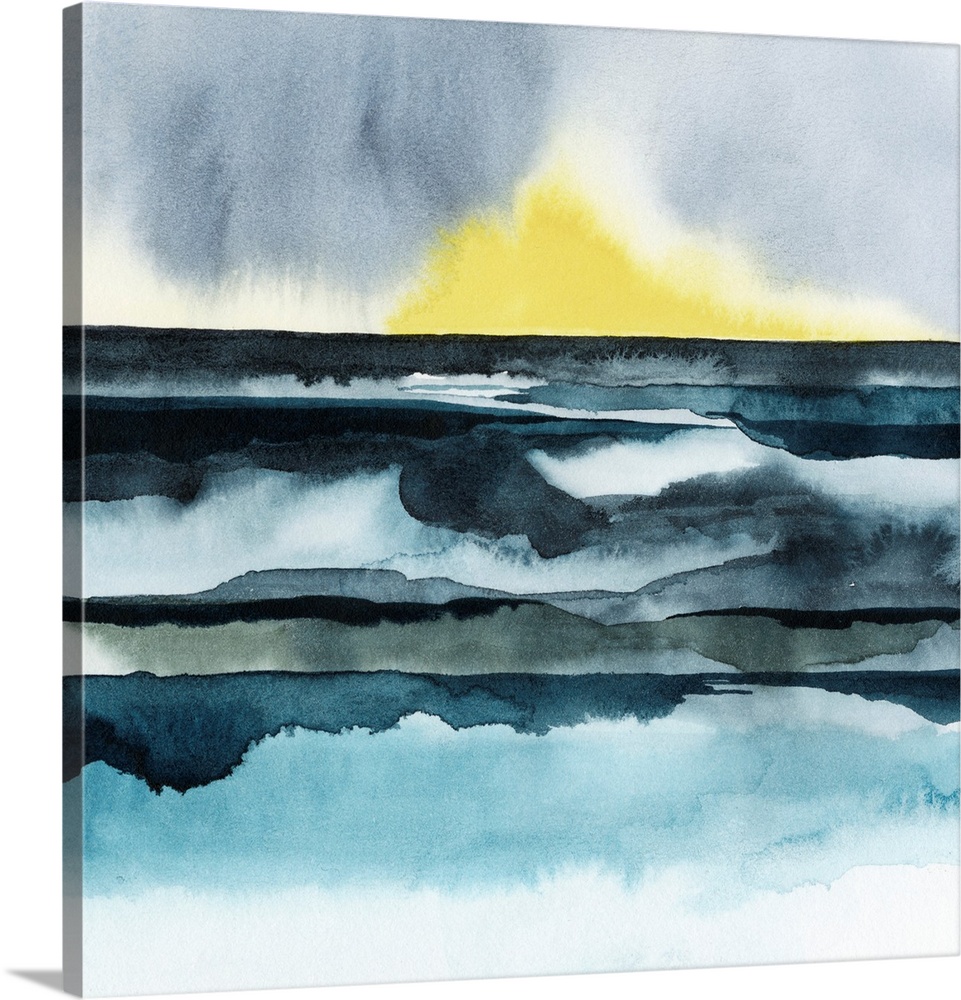Watercolor art print of a seascape with the bright yellow sun setting on the horizon.
