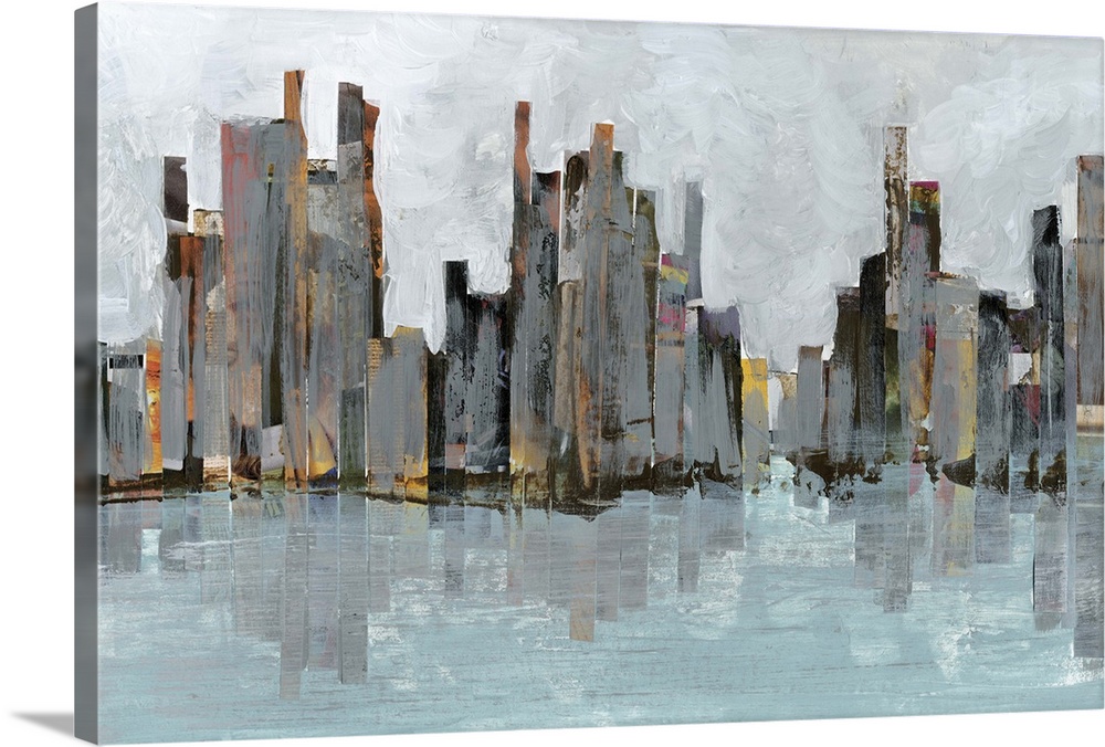 Contemporary abstract painting of a city skyline seen from across a river while casting a reflection on the water below.