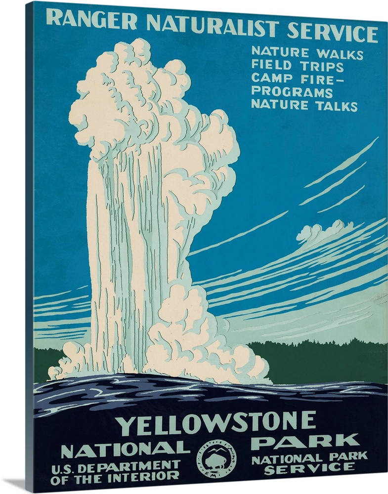 Vintage travel poster featuring Old Faithful geyser in Yellowstone National Park, Wyoming.