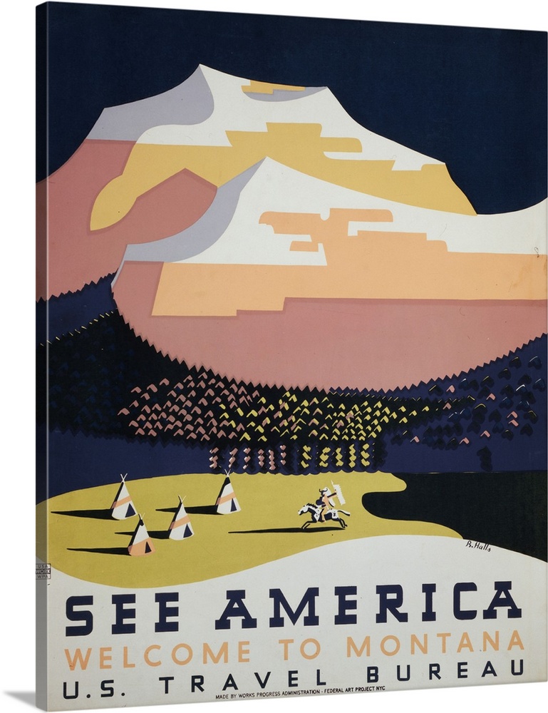Vintage travel advertising poster for Montana, with tipis and a mountain range.
