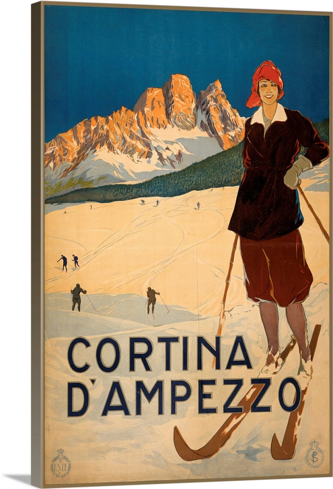 Vintage travel advertisement for Cortina, Italy, with a female skier.