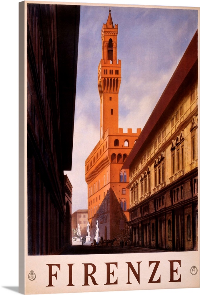 Vintage travel advertisement for Florence, Italy, with historic architecture.