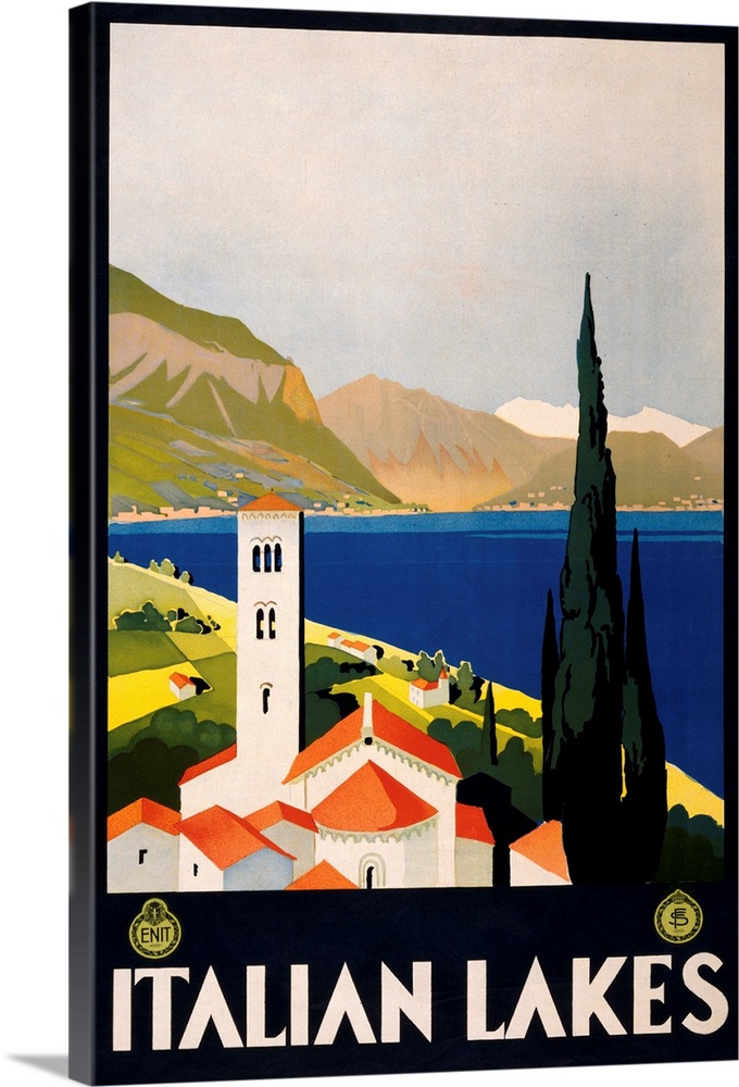 Vintage travel advertising poster for the Italian lake area in Europe.