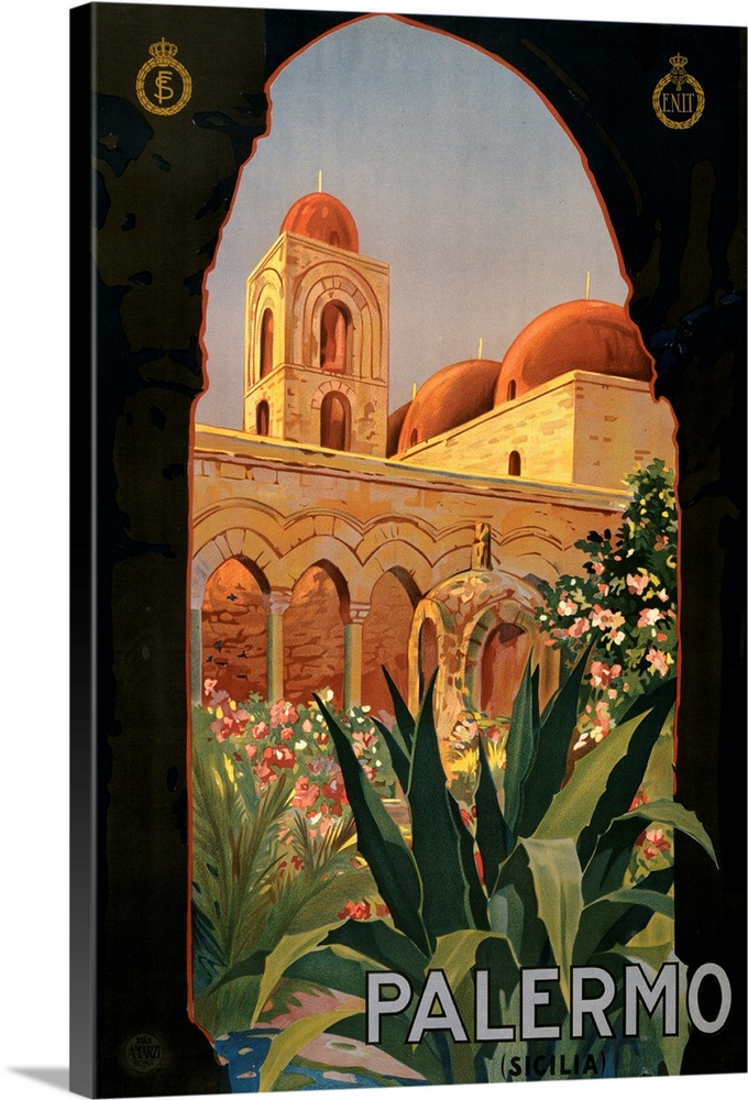 Vintage travel advertisement for Palermo, Italy, with a lush garden and historic architecture.