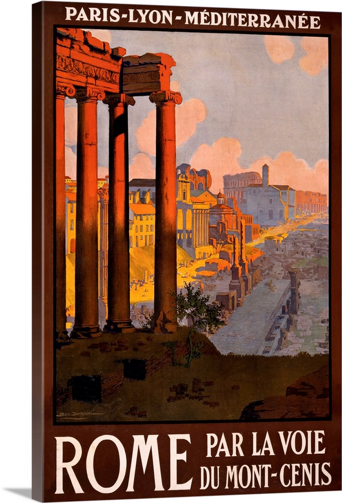 Vintage travel advertisement for Rome, Italy, with ruins and ancient columns.