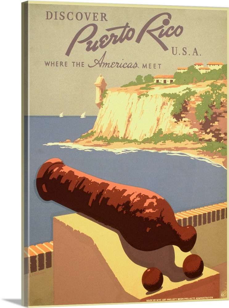 Vintage travel poster advertising Puerto Rico, with a cannon overlooking the ocean.