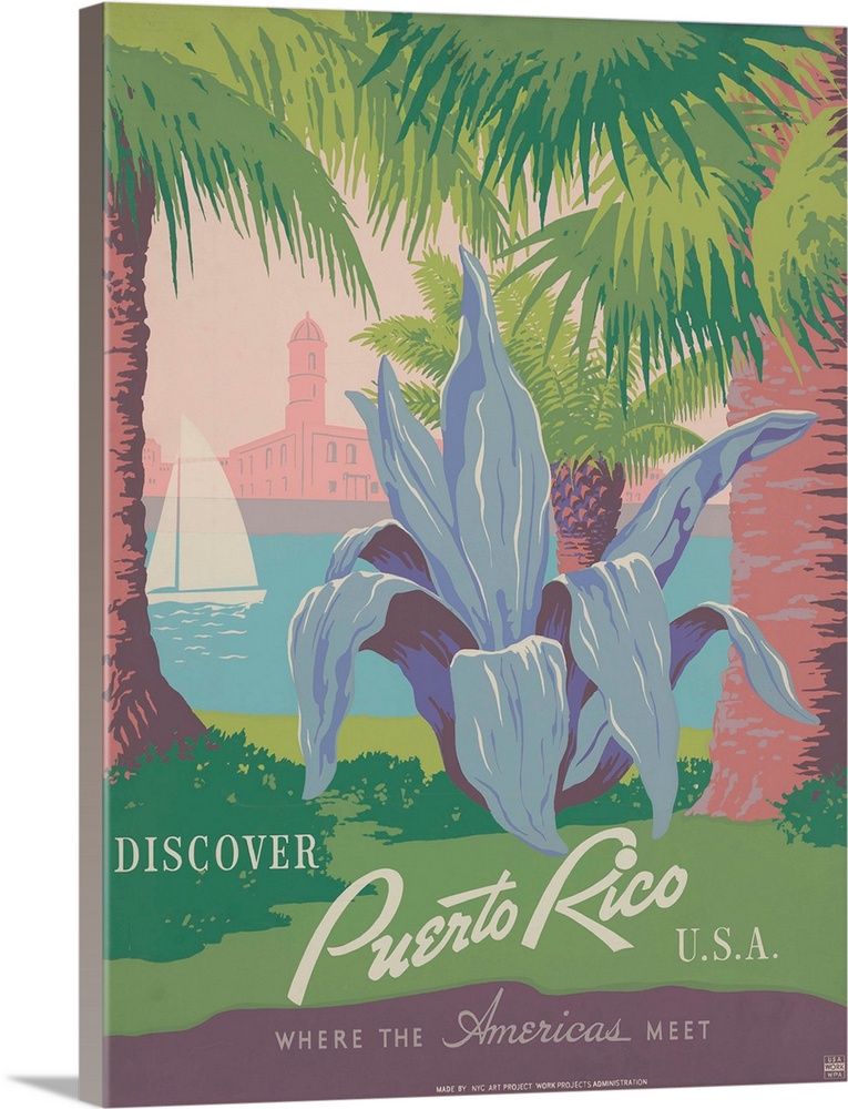 Vintage travel advertisement for Puerto Rico featuring a large plant and palm trees on the coast.