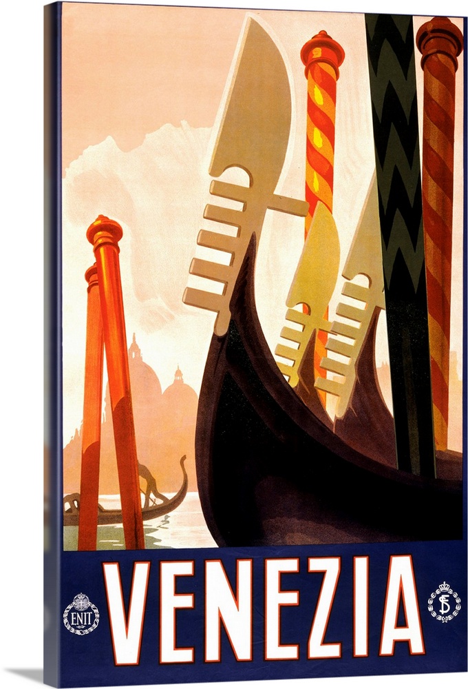 Vintage travel advertisement for Venice, Italy, with gondola bows.