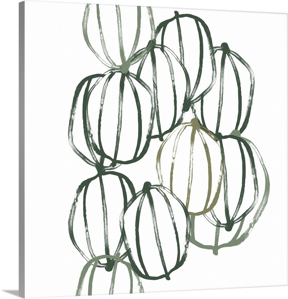 Square contemporary artwork of seed pods in shades of green over a white background.