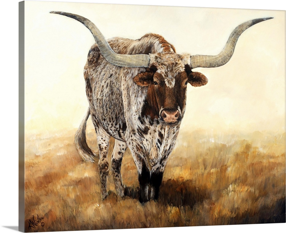 Horizontal contemporary artwork of a longhorn cow grazing on a field in warm tones.