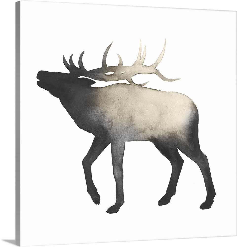 A simple rustic watercolor painting of a deer with full antlers in silhouette on a white background. Would be suitable for...