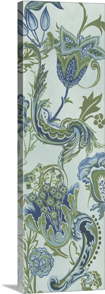 This decorative artwork features intricate floral patterns and designs over a beige background.