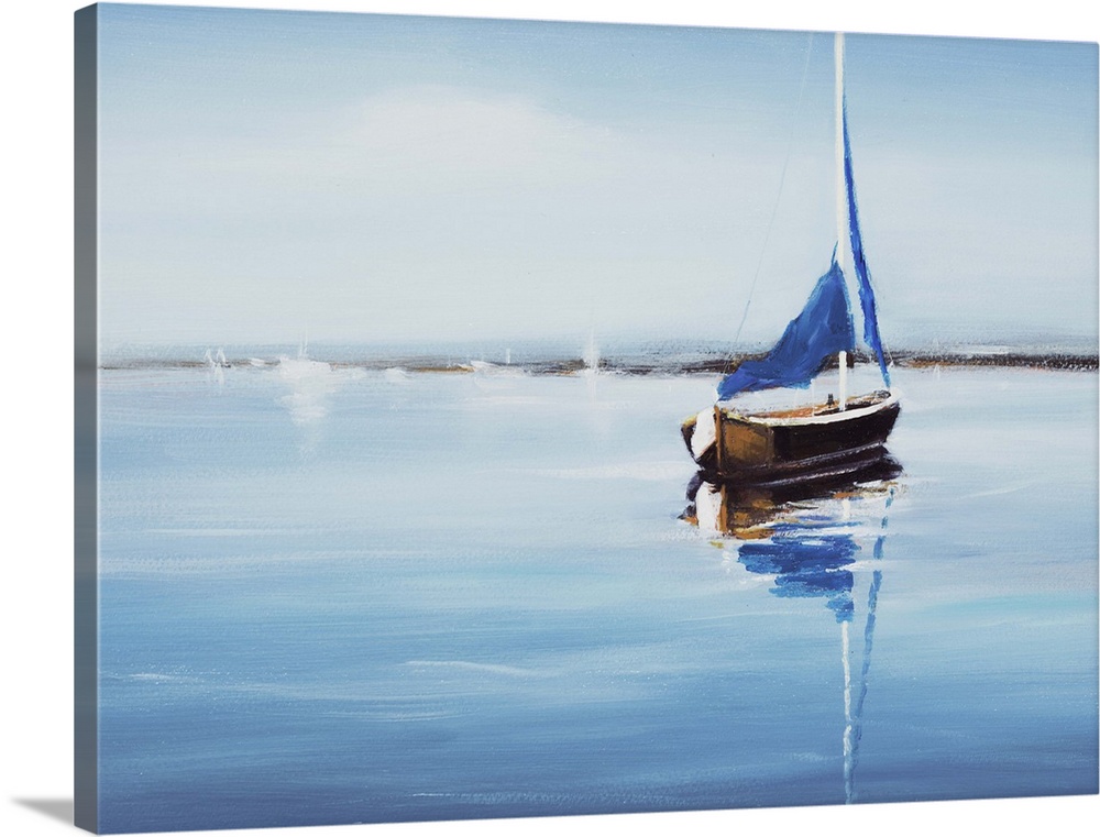 Contemporary art print of a sail boat on crystal blue water.