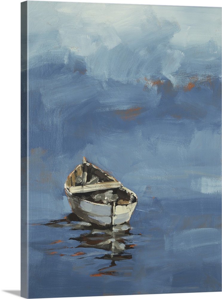 Art print of a lonely wooden boat floating on the water.